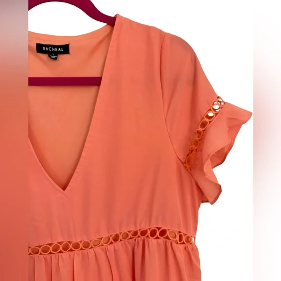 Racheal Coral V-Neck Tiered Mini Dress with Flutter Sleeves Crochet Eyelet Trim - Picture 2 of 7